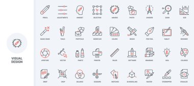 Çizgisel görsel tasarım, tasarımcı fikirleri portföyü, yazılım ve satır simgesi oluşturmak için araçlar. Sanatçının vizyonu ve hayal gücü, yaratıcı proje ince siyah ve kırmızı çizgili semboller vektör illüstrasyonu