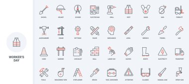 Aletler ve ekipmanlar, inşaat işçileri ve mühendisler için PPE, çalışma günü simgesi seti. İnşaatçının işçi ve güvenlik giysileri, incelenme ince siyah ve kırmızı ana hatlar vektör illüstrasyonları
