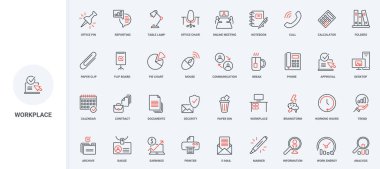 Ofis çalışanları işyeri, belgelerle çalışmak için ekipman, bilgi hattı simgesi seti. Beyin fırtınası iş akışı, çalışanların iletişimi, ince siyah ve kırmızı çizgili çizgili semboller vektör çizimi