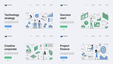 Özellikle teknoloji stratejisi, başarı ölçümleri, kurumsal yaratıcılık ve web uygulamaları ile ilgili proje finansmanı gibi önemli yönlere odaklanmış vektör ilüstrasyonları