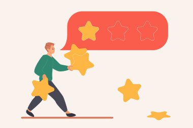 Kötü eleştiri, kötü hizmet ve ürün tecrübesi hakkında kızgın müşterilerin olumsuz yorumları. Küçük adam kullanıcısı kalite problemleri karikatür vektör illüstrasyonunun değerlendirilmesi için bir yıldız veriyor