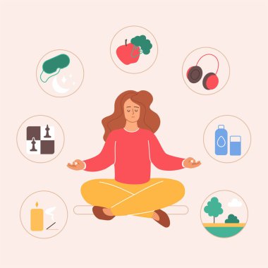 Sağlıklı yaşam için sağlıklı alışkanlıklar, duygusal denge. Nilüfer yogasında oturan minik kadın meditasyon için poz veriyor, günlük yaşam rutin uyku ve müzik ikonları, satranç ve yürüyüş, diyet çizgi filmi vektör çizimi.
