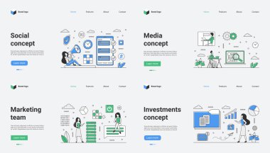 Bu vektör illüstrasyonunda sosyal, medya, pazarlama ve yatırım kavramları modern iş sunumları için idealdir. Çeşitli iş bağlamları için çok yönlü bir ağ şablonu görevi görür