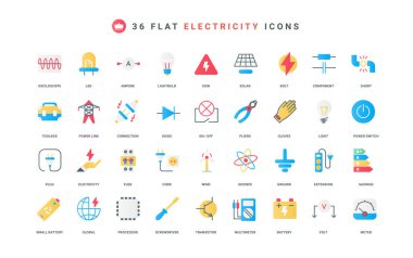 Elektrik, elektrik devresi bileşenleri, ekipman ve elektrikçiler alet kutusu renk ikonu seti. Transistör ve kapasitör, fitil ve uzatma kablosu, enerji etiketi düz elementler vektör çizimi