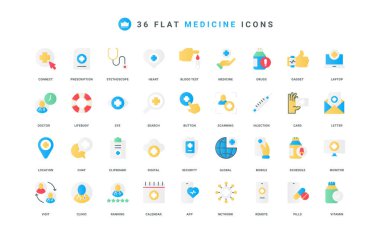 Hastane ve çevrimiçi tıpta tıbbi hizmetler, doktorlar reçeteli renk ikonu seti. Klinik derecelendirme ve danışma takvimi, mobil uygulama düz elementler vektör illüstrasyonunda teletıp hizmeti