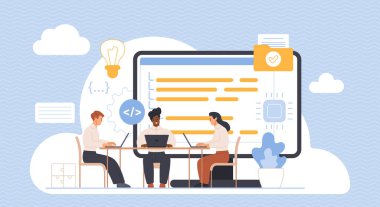 Çeşitli yazılım geliştiricileri bir proje üzerinde işbirliği içinde çalışıyorlar. Büyük ekranda kod, tasarım elemanları ve dosyalar, takım çalışması, yenilik ve geliştirmeyi sembolize eder.