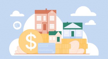 Gayrimenkul yatırımı, ev finansmanı, ipotek veya emlak yönetimi kavramını temsil eden ilülasyon, konutlar, para ve mavi desenli ödeme kartı.