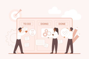 Kanban yönetim kurulunda çalışma döngüsü ve proje geliştirme sürecinin gözden geçirilmesi, görev yönetimi yöntemi. Takım çalışması planlamak için beyin fırtınası yapan küçük insanlar, beyaz tahta karikatür vektör illüstrasyonuna notlar gönderiyorlar.