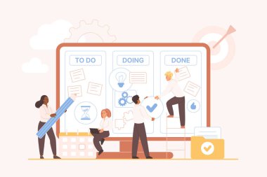 Kanban yönetim kurulu çevrimiçi, çalışma döngüsünü planlamak için etkileşimli metodoloji, proje. Küçük insanlar işaretli ve yazılı çıkartmaları, bulmaca parçalarını bilgisayar ekranındaki vektör illüstrasyonuna yerleştirirler