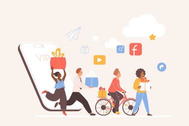 Sadakat programı tanıtım kampanyası, çevrimiçi referans arkadaş, VIP servisi avantajı ve ödülü. Küçük insanlar ödüller ve hediyeler kazanır, büyük cep telefonu ekranı çizimlerinden birlikte yürürler.