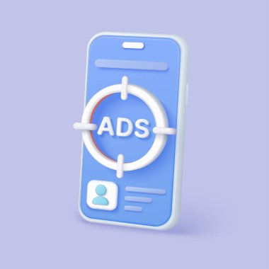 Mobil platformlar için hedeflenmiş reklamları, dijital pazarlamayı ve kullanıcı hedeflemesini sembolize eden akıllı telefon, modern mavi renk şeması çizimi