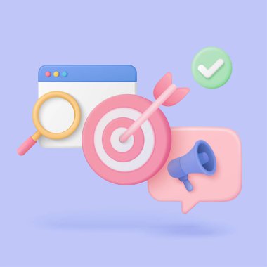 Hedef, büyüteç, tarayıcı penceresi ve megafon ile görselleştirilen dijital pazarlama stratejisi, hedeflenen reklamcılık ve çevrimiçi tanıtım vektörü ilülasyonunu temsil etmektedir.