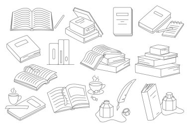 El çizimi kitaplar, defterler, kahve fincanları, mürekkep ve yazma araçları, eğitim, okuma ve çalışma temaları için ideal, beyaz arkaplan vektör ilüstrasyonunda izole edilmiş.