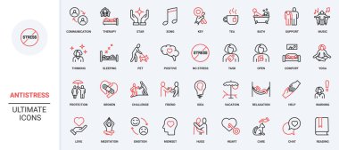 Stres terapisi, anksiyete ve depresyon bozukluğu yardım hattı ikonu seti için psikoloji desteği. Sakin zihin ve sağlık, stres iyileşir ince siyah ve kırmızı çizgili semboller vektör çizimi