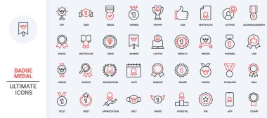 Madalya rozeti, birinci sınıf onur ödülü, en kaliteli ürün çizgisi ikonu seti. Yuvarlak roset ve kurdele, yarışma, rekabet başarısı ince siyah ve kırmızı ana hatlı semboller vektör ilüstrasyonu