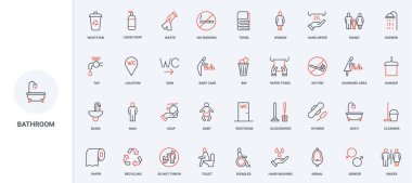 Tuvalet, umumi tuvalet yolu bulma tabelaları, tuvalet ve banyo, tuvalet sırası simgesi seti. Sigara ve el kurutma makinesi yok, bebekli anne, cinsiyet olarak ince siyah ve kırmızı çizgili semboller vektör ilüstrasyonları.