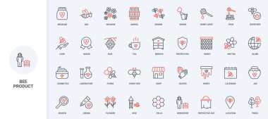 Bal ürünleri, kozmetik ürünleri ve laboratuvar kalitesinde rozet hattı ikonu seti. Arı yetiştiricisi ve arı yetiştiricisi, arıların ve arı kovanlarının korunması, kaşığın üzerine bal damlası ince siyah ve kırmızı çizgili çizgili semboller vektör çizimi