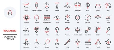 Budizm, Budist sembolleri ve amblemler, keşiş ve dua, tapınak hattı ikonu seti. Lotus ve mandala, balık ve şemsiye, Dharma Çarkı ince siyah ve kırmızı çizgili çizgili semboller vektör çizimi
