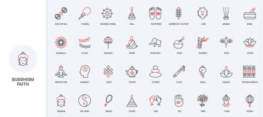 Budizm, geleneksel kültür ve Buda 'ya ibadet için tapınak, ibadet hattı ikonu seti. Budist tapınağı, stupa, tütsü ve çan ince, siyah ve kırmızı çizgili, vektör illüstrasyonlu