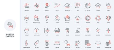 CO2 emisyonu dengeyi düşürür ve telafi eder, küresel sera gazı kirliliği çizgisi simgesi belirlendi. Karbon nötr, biyoyakıt ve ekolojik teknoloji ince siyah ve kırmızı ana hatlar vektör çizimi