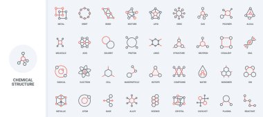 Molekül ve atomun kimyasal yapısı, madde çizgi ikonu kümesinin formülü. İnce siyah ve kırmızı çizgili sembollerin analizi için ağ ve zincirli şematik moleküler modeller.