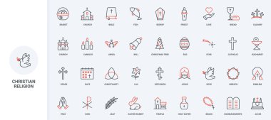 Hıristiyan Ortodoks ve Katolik dini, kilise ve dini çizgi ikonu seti. İsa ve İncil, Paskalya, Büyük Perhiz, Noel ve Paskalya takvimi ince siyah ve kırmızı çizgili semboller vektör çizimi