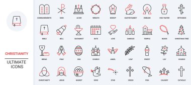 Hıristiyanlık, Hıristiyan kilisesi, Tanrı ve melek amblemleri çizgi ikonu seti. Ortodoks ve Katolik haçı, İsa ve dikenli taç, İncil ve kutsal su ince siyah ve kırmızı çizgili semboller vektör çizimi