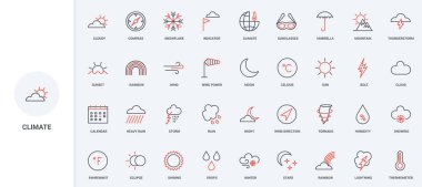 Hava durumu, iklim ve mevsim, güneş ve bulut, gökkuşağı ve termometre çizgisi ikonu seti. Bulutlu, yağmurlu, güneşli, sıcak ve soğuk, fırtına havası ince, siyah ve kırmızı çizgili semboller vektör çizimi