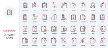 Panodaki belge, araştırma listesi, zamanlama ve ajanda form simgesi seti. Tıbbi reçete, ofis ekipmanları ile kontrol planı İnce siyah ve kırmızı ana hatlar vektör illüstrasyonu