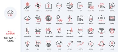 CO2 emisyonları ve egzoz gazı yönetimi, atık geri dönüşümü, yeşil enerji ve biyolojik yakıt ikonu seti. Yenilenebilir rüzgar jeneratörü ve güneş paneli ince siyah ve kırmızı ana hatlar vektör çizimi