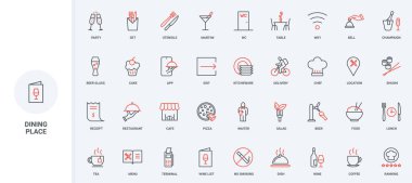 Akşam yemeği için restoran ve yemek servisi, aşçılar yemek ve içecek menüsü, sofra takımı ikonu seti. Tabak, çatal ve bıçak, mutfak aleti, masa ince siyah ve kırmızı çizgili semboller vektör çizimi