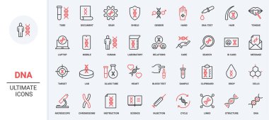 Genetik araştırma, insan DNA 'sı ve gen araştırması, e-posta rapor satırı simgesi seti. Büyüteç ve mikroskop ile numunelerin bilimsel laboratuvar analizi. İnce siyah ve kırmızı çizgili çizgili vektör çizimleri.