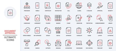 Belge onay satırı simgesi ayarlandı. Konuşma baloncuğu iletisi, e- posta ve çağrı kontrolü ve prosedürü doğrula, dijital dosyayı onaylama talimatları ince siyah ve kırmızı ana hatlı vektör gösterimi