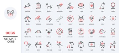 Köpek bakımı, beslenme, veteriner aşısı, hayvan çizgisi ikonu seti. Köpek yüzlü, sahibi ile yürüyen, eğitim komutu sıçramaları ve ince siyah ve kırmızı çizgili engelli çeviklik vektör illüstrasyonları