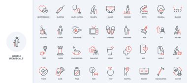 Yaşlıların yaşam tarzı, hobi ve sağlık hizmetleri, sağlık hizmetleri ikonu seti. Büyükanne ve büyükbabanın aktif yaşamı, egzersiz, yiyecek ince siyah ve kırmızı çizgili semboller vektör çizimi