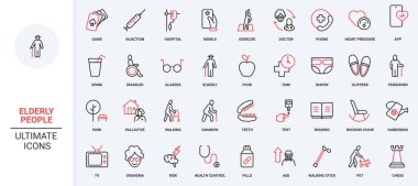 Yaşlıların hayatı, huzurevinde palyatif bakım, emeklilik etkinliği ve oyun çizgisi ikonu seti. Tıbbi yardım ve sağlık, TV ve incecik siyah ve kırmızı çizgili çizgiler üzerinde yürüme.