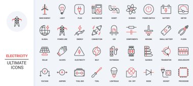 Elektrik ve yenilenebilir jeneratörler, elektrikçiler ekipman ve aletler, elektrik hattı simgesi seti. Elektrik enerji verimliliği sınıfları ve metre, ince siyah ve kırmızı ana hatlar vektör gösterimi