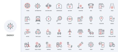 Elektrik ve sürdürülebilir jeneratörler, elektrik enerji dağıtımı, ekipman ve cihazlar, ulaşım hattı simgesi seti. Elektrikli araba ve istasyon ince siyah ve kırmızı ana hatlı vektör çizimi