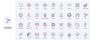 İklim değişikliği çizgi ikonu seti nedeniyle doğal afetler ve çevre felaketleri. Sıcaklık CO2 emisyon artışı, deprem ve sel, ateş ince siyah ve kırmızı dış hat sembolleri vektör illüstrasyonları