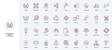 Çevre, sosyal ve yönetim ilkeleri, ESG kriter çizgisi simgesi seti. Ekoloji ve toplum koruması, CO2 emisyon yönetimi ince siyah ve kırmızı ana hatlı semboller vektör çizimi