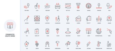 Şarap şişesi ve cam, şaraphane, bar ve restoran menüsü, dükkan yeri ikonu seti. Üzüm bağı, şarap fıçısı, üzüm şarabı kalitesi ödülü ince siyah ve kırmızı ana hatlar vektör illüstrasyonları