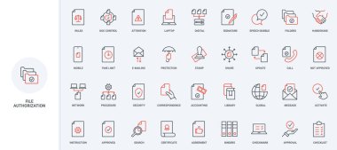 Yetki ve doğrulama, dijital dosya ve belge satırı simgesi onaylama. Kurallar ve damgalar, arama, paylaşma ve onaylama talimatları ince siyah ve kırmızı ana hatlı semboller vektör ilülasyonu