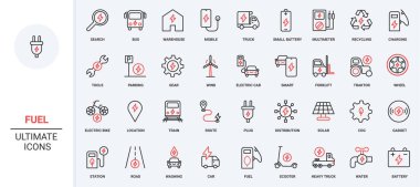 Hibrit motorlu elektrikli araba ve araç, şarj edilecek şarj prizi, yakıt istasyonu ikonu seti. Çevre dostu enerji ve güç, ince siyah ve kırmızı taslak semboller taşıyın.