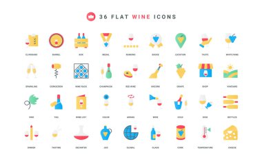 Şarap ve üzüm bağı, şaraphane, alkol için yiyecek ve şarap ikonu seti. Köpüklü şarap kadehi ve şişe, dükkanda ve mahzende fıçı, mantar ve sürahi düz elementler çizimi