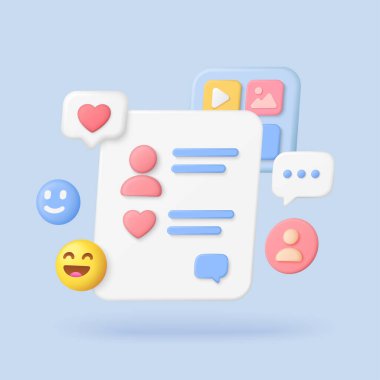 Dijital iletişim ve ağ vektörü çizimi için izole ışık arkaplanı üzerindeki modern 3d sosyal medya arayüzü, sohbet baloncukları, kalp, gülen yüz, kullanıcı simgeleri ve ortam düğmeleri