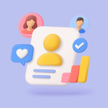 Profil analizleri, kullanıcı etkileşimi ve izleyiciler sosyal medya pazarlaması, iletişim ve dijital markalaşma vektör ilüstrasyonu için modern 3 boyutlu şekilde görselleştirilmiştir.