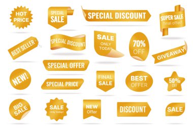 Sıcak ve yeni satışların kırmızı etiketleri, farklı şekillerde tanıtım etiketleri ve metin setleri. En çok satanlar ve ürünün özel fiyatı, indirim ve dağıtım afişleri koleksiyon vektör illüstrasyonu