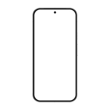 Görsel reklam için model telefon ui uygulama tanıtım vektör illüstrasyonu. Gerçekçi, çerçevesiz, akıllı telefon modeli beyaz ekran.