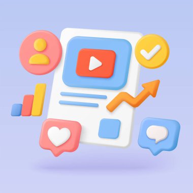 Oynatma düğmesi, kullanıcı simgesi, kalp, sohbet, kontrol işareti ve sosyal medya pazarlama, katılım ve analitik vektör illüstrasyonu için büyüme oku içeren 3d biçiminde video postası.