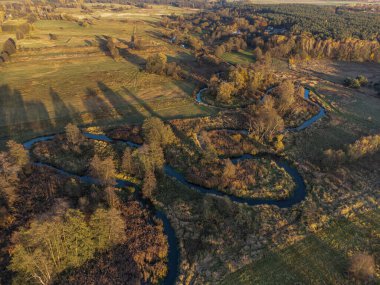 Batan güneşle aydınlanan Grabia Nehri 'nde sonbaharın başlangıcı, Polonya.